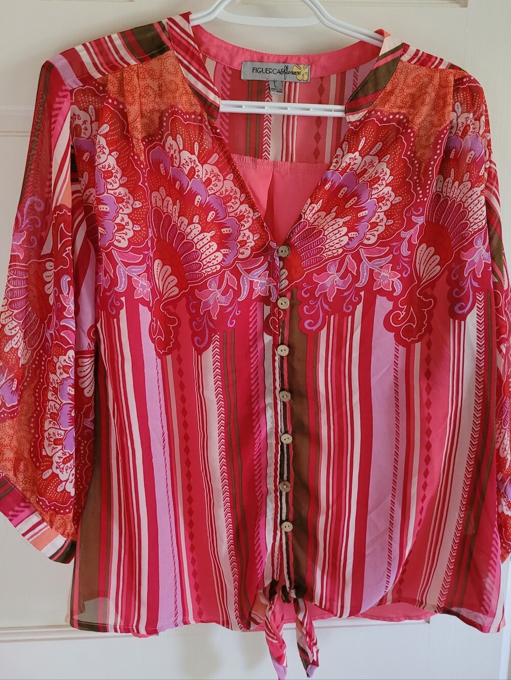 FIGUEIRO Blouse - Pink Red Striped Tie-Front Women's Top